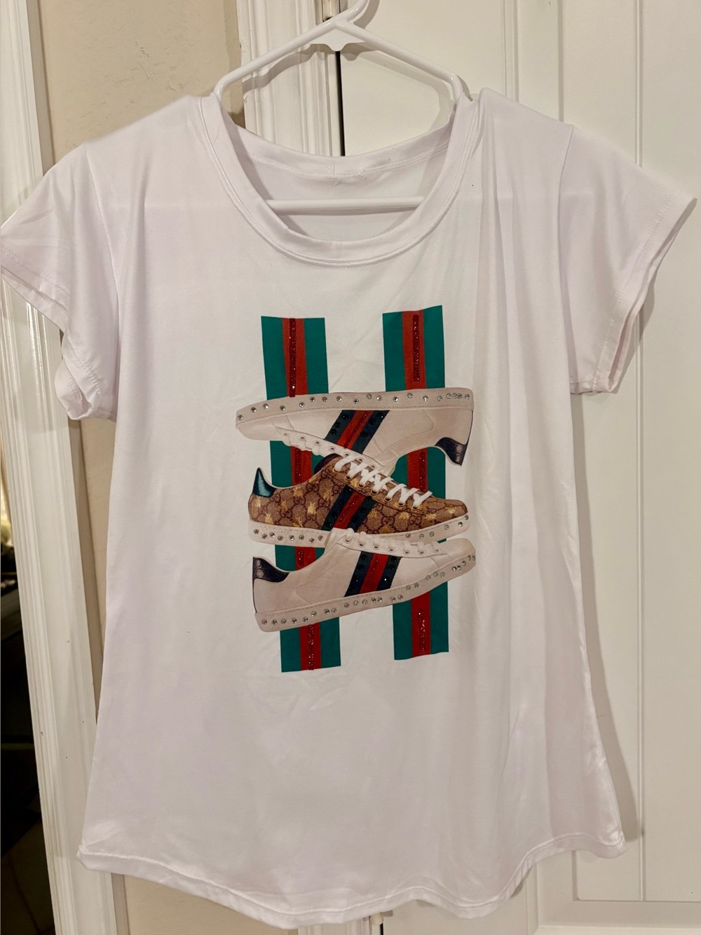 Graphic Ladies T-Shirt with bling fashion designer sneakers